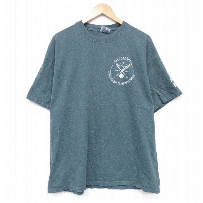 【50%OFF】XL★古着 ヘインズ Hanes 半袖 ビンテージ Tシャツ メンズ 00年代 00s ソフトボール コットン クルーネック 緑 グリーン 25jul23 中古