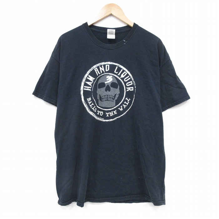 XL★古着 半袖 ビンテージ Tシャツ メンズ 00年代 00s スカル コットン クルーネック 黒 ブラック 25jul23 中古