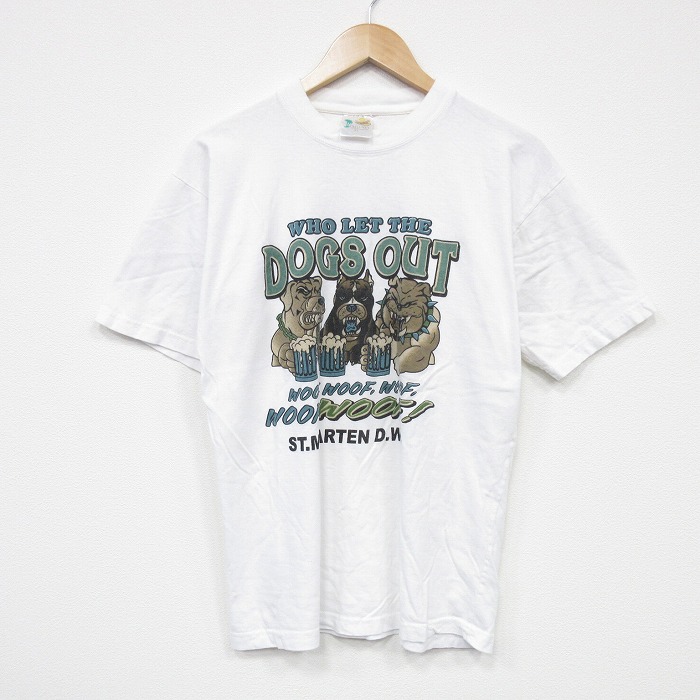 L★古着 半袖 ビンテージ Tシャツ メンズ 00年代 00s 犬 コットン クルーネック 白 ホワイト 25jul23 中古