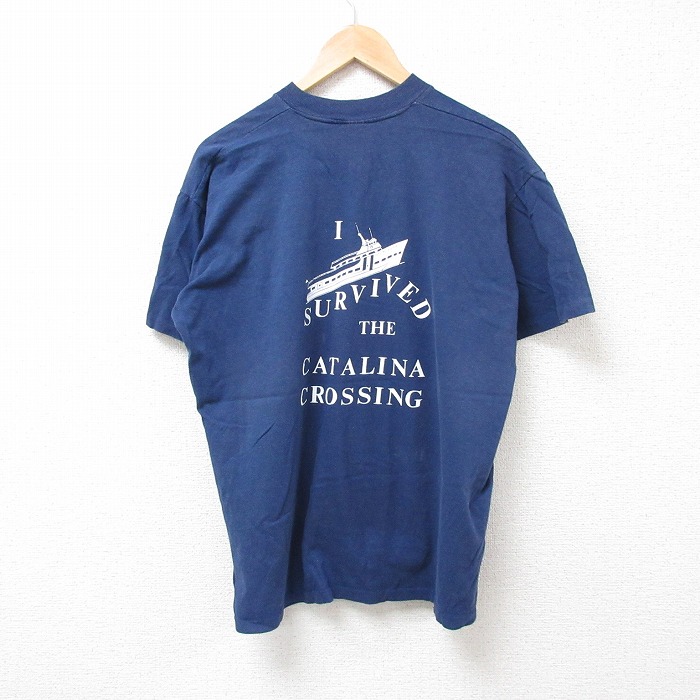 XL★古着 半袖 ビンテージ Tシャツ メンズ 80年代 80s クルージング 胸ポケット付き 大きいサイズ コットン クルーネック USA製 紺 ネイビー 25jul26 中古