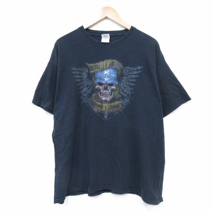 XL★古着 半袖 ビンテージ Tシャツ メンズ 00年代 00s スカルウィング コットン クルーネック 黒 ブラック 25aug25 中古