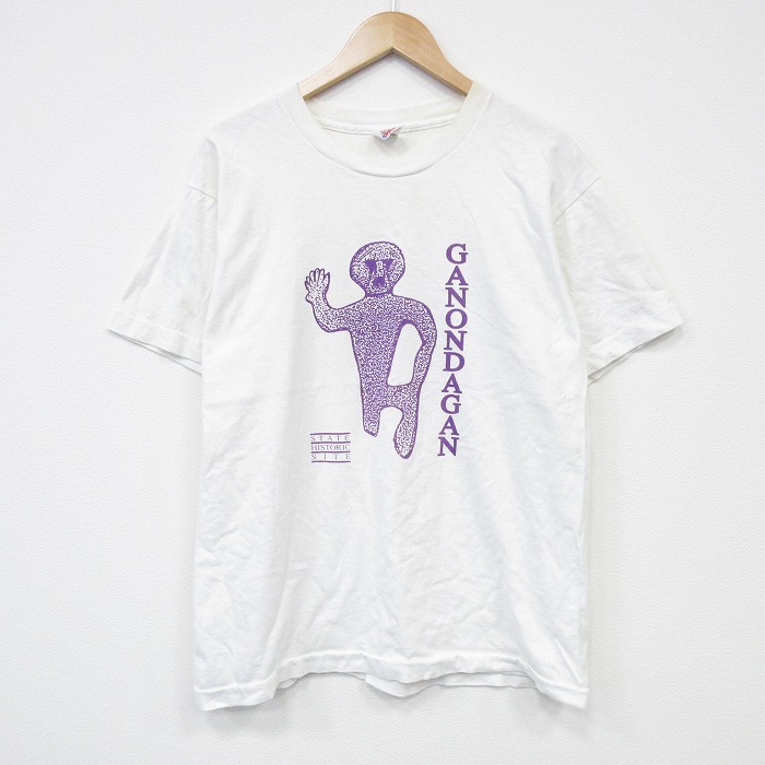 L★古着 フルーツオブザルーム 半袖 ビンテージ Tシャツ メンズ 90年代 90s GANONDAGAN コットン クルーネック USA製 白 ホワイト 25aug25 中古
