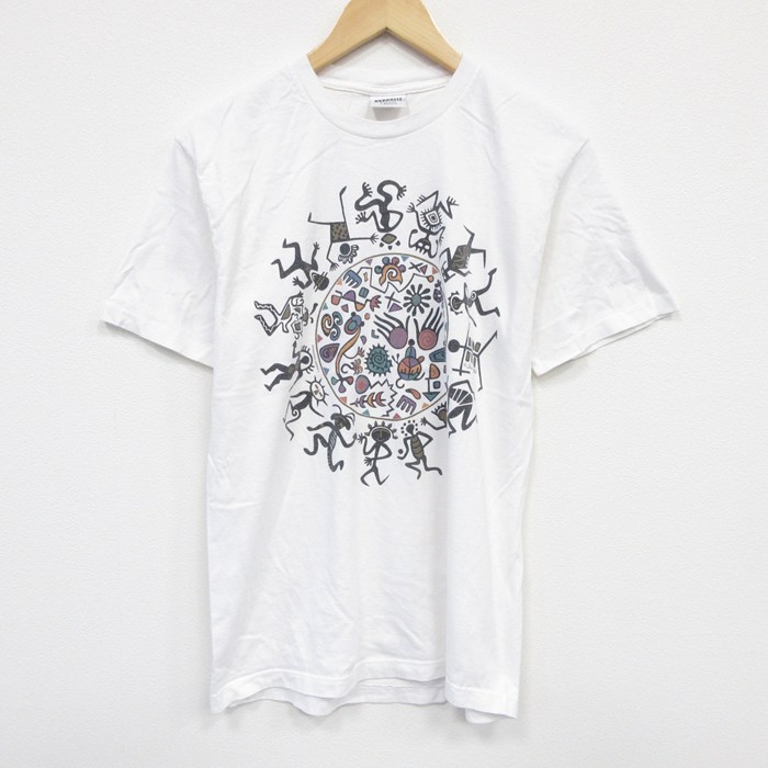 M★古着 半袖 ビンテージ Tシャツ メンズ 90年代 90s 民族 コットン クルーネック USA製 白 ホワイト 25aug07 中古