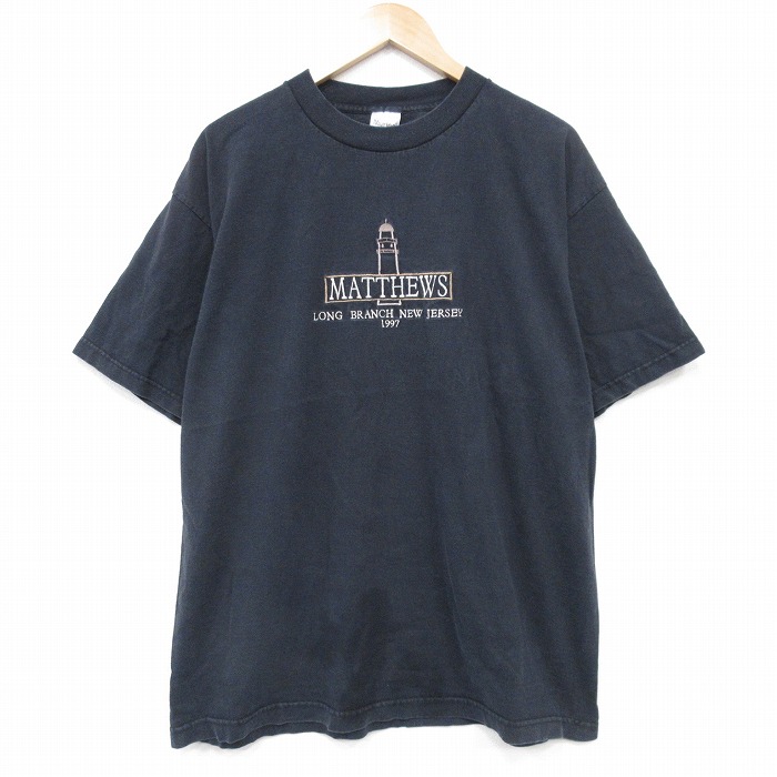 XL★古着 半袖 ビンテージ Tシャツ メンズ 90年代 90s 灯台 刺繍 コットン クルーネック USA製 黒 ブラック 25aug07 中古