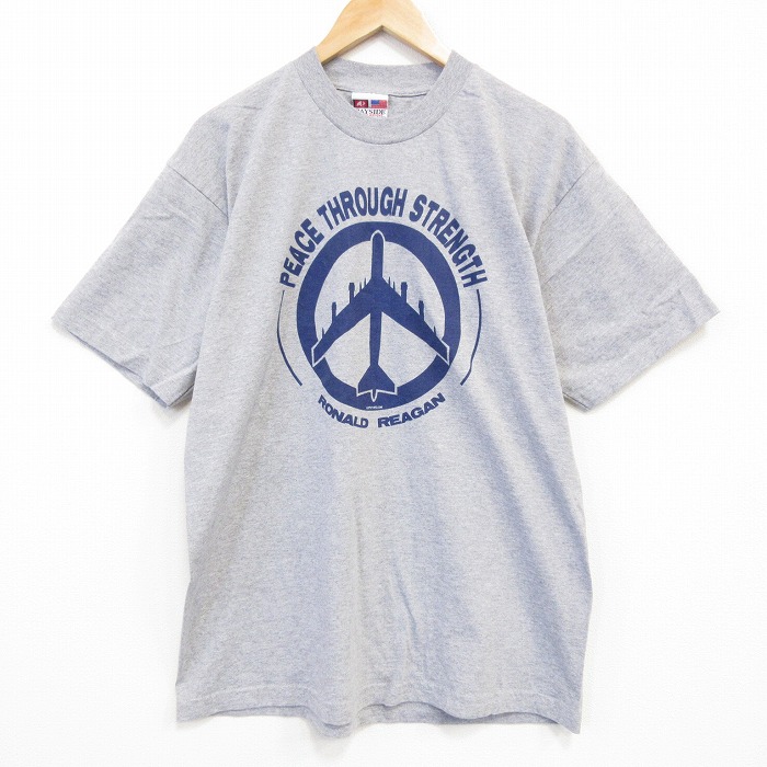 【50%OFF】L★古着 半袖 ビンテージ Tシャツ メンズ 00年代 00s 飛行機 ピースマーク コットン クルーネック USA製 グレー 霜降り 【spe】 25aug07 中古