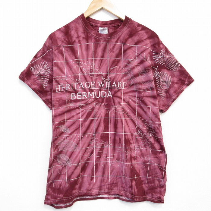 L★古着 半袖 ビンテージ Tシャツ メンズ 00年代 00s バミューダ 全面プリント コットン クルーネック エンジ タイダイ 25aug07 中古