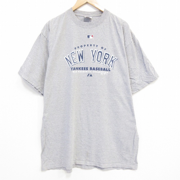 【50%OFF】XL★古着 マジェスティック 半袖 ビンテージ Tシャツ メンズ 00年代 00s MLB ニューヨークヤンキース 大きいサイズ ロング丈 クルーネック グレー 霜降り メジャーリーグ ベースボール 野球 25aug07 中古