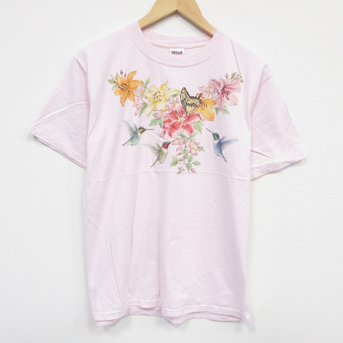 【50%OFF】M★古着 半袖 ビンテージ Tシャツ メンズ 00年代 00s 鳥 チョウ コットン クルーネック 薄ピンク 25aug08 中古