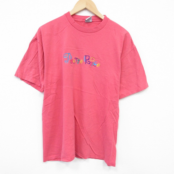 L★古着 半袖 ビンテージ Tシャツ メンズ 90年代 90s プエルトリコ 刺繍 コットン クルーネック USA製 濃ピンク 25aug08 中古