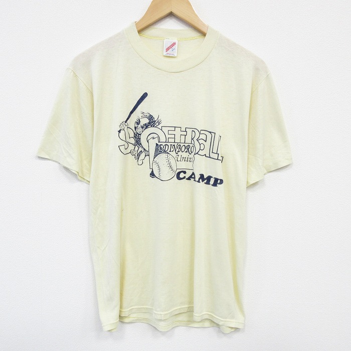【50%OFF】L★古着 ジャージーズ 半袖 ビンテージ Tシャツ メンズ 80年代 80s ソフトボール クルーネック USA製 薄黄 イエロー 25aug08 中古