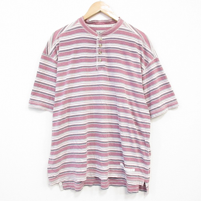 【50%OFF】XL★古着 アリゾナジーンズ 半袖 ビンテージ Tシャツ メンズ 00年代 00s 大きいサイズ コットン ヘンリーネック 薄ピンク他 ボーダー 25aug08 中古