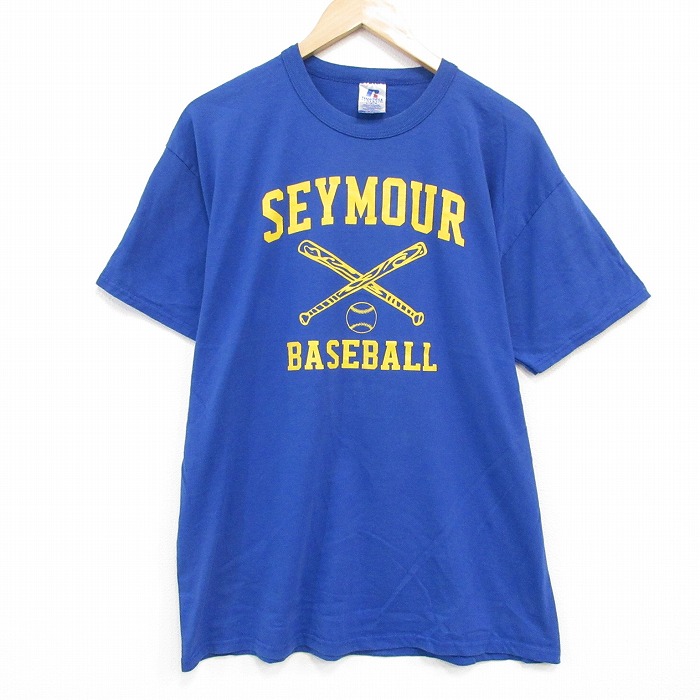 L★古着 ラッセル 半袖 ビンテージ Tシャツ メンズ 00年代 00s ベースボール クルーネック 青 ブルー 25aug08 中古