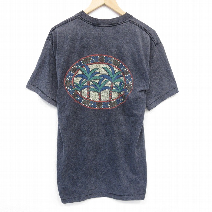 L★古着 半袖 ビンテージ Tシャツ メンズ 90年代 90s ヤシの木 コットン クルーネック 濃グレー 霜降り 25aug08 中古