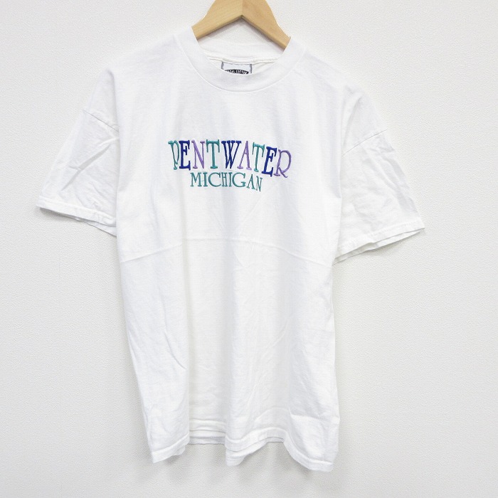 XL★古着 リー Lee 半袖 ビンテージ Tシャツ メンズ 90年代 90s ミシガン 刺繍 大きいサイズ コットン クルーネック USA製 白 ホワイト 25aug08 中古
