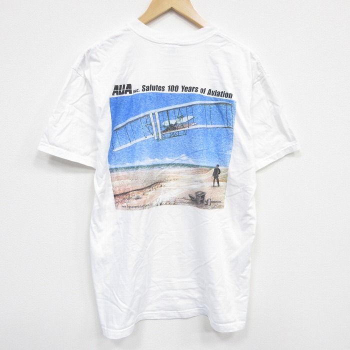 【50%OFF】L★古着 半袖 ビンテージ Tシャツ メンズ 00年代 00s 飛行機 コットン クルーネック 白 ホワイト 25aug09 中古
