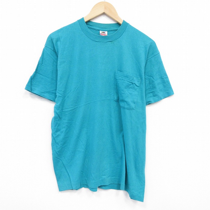 【50%OFF】L★古着 フルーツオブザルーム 半袖 ビンテージ Tシャツ メンズ 90年代 90s 無地 コットン クルーネック USA製 緑 グリーン 25aug09 中古