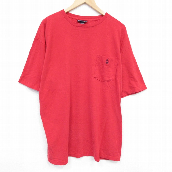 XL★古着 ノーティカ NAUTICA 半袖 ビンテージ ブランド Tシャツ メンズ 90年代 90s ワンポイントロゴ 胸ポケット付き 大きいサイズ コットン クルーネック USA製 赤 レッド 25aug09 中古