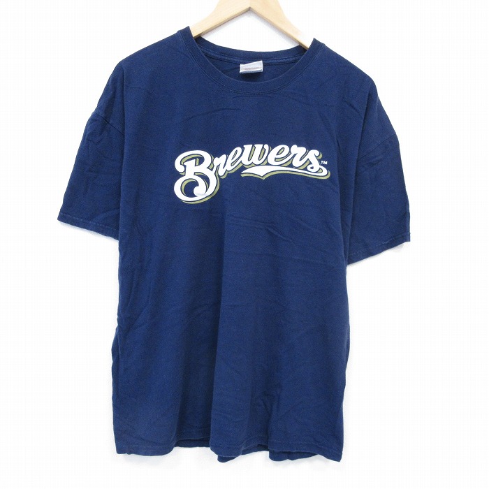 XL★古着 半袖 ビンテージ Tシャツ メンズ 00年代 00s Brewers 大きいサイズ コットン クルーネック 紺 ネイビー 25aug09 中古
