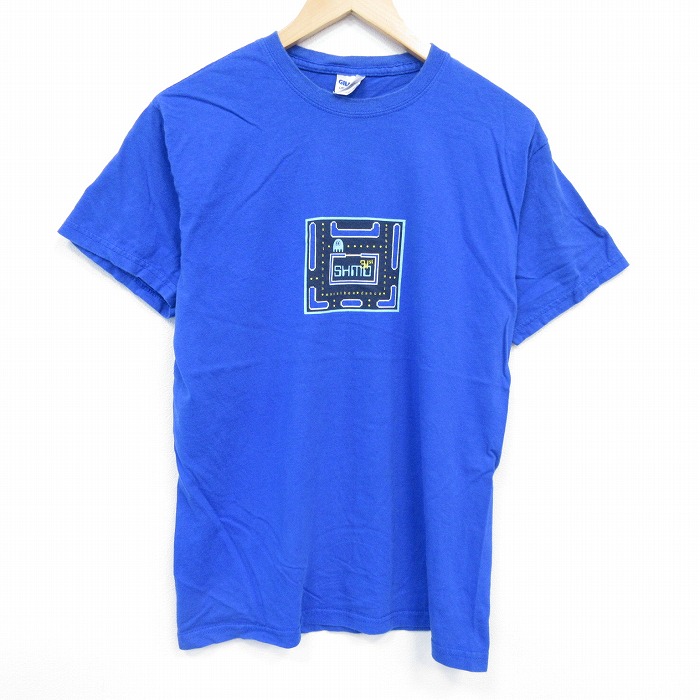 M★古着 半袖 ビンテージ Tシャツ メンズ 00年代 00s パックマン コットン クルーネック 青 ブルー 25aug09 中古