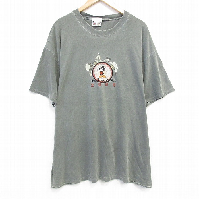 XL★古着 半袖 ビンテージ Tシャツ メンズ 00年代 00s ディズニー DISNEY ミッキー MICKEY MOUSE 刺繍 大きいサイズ コットン クルーネック 薄緑 グリーン 25aug09 中古