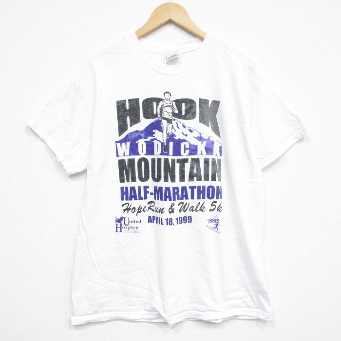 【50%OFF】L★古着 ヘインズ Hanes 半袖 ビンテージ Tシャツ メンズ 00年代 00s マラソン 企業広告 コットン クルーネック 白 ホワイト 25aug12 中古