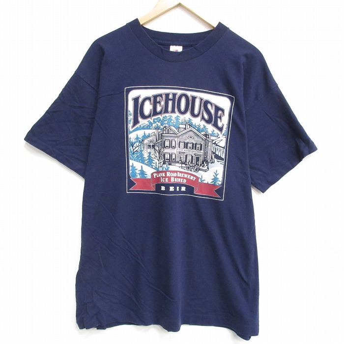 XL★古着 フルーツオブザルーム 半袖 ビンテージ Tシャツ メンズ 90年代 90s ビール 大きいサイズ コットン クルーネック USA製 紺 ネイビー 25aug12 中古