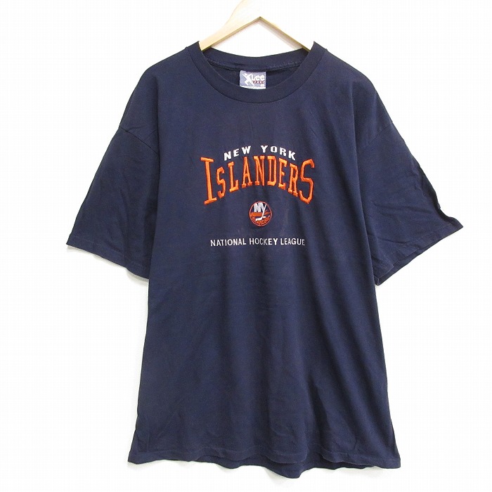XL★古着 リー Lee 半袖 ビンテージ Tシャツ メンズ 90年代 90s NHL ニューヨークアイランダーズ 刺繍 大きいサイズ コットン クルーネック USA製 濃紺 ネイビー アイスホッケー 25aug12 中古
