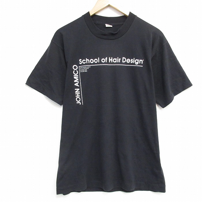 【50%OFF】M★古着 半袖 ビンテージ Tシャツ メンズ 80年代 80s ヘアデザイン クルーネック USA製 黒 ブラック 25aug12 中古