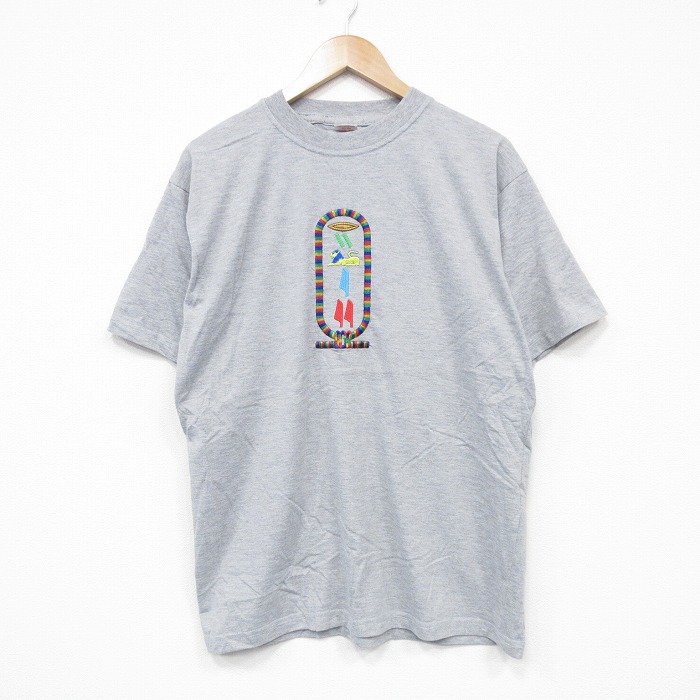 L★古着 半袖 ビンテージ Tシャツ メンズ 00年代 00s ライオン 刺繍 コットン クルーネック グレー 霜降り 25aug12 中古