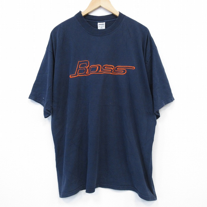 XL★古着 BOSS 半袖 ビンテージ Tシャツ メンズ 00年代 00s ビッグロゴ 刺繍 大きいサイズ コットン クルーネック 濃紺 ネイビー 25aug13 中古