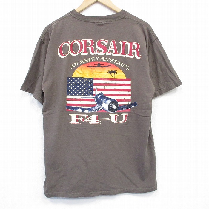 L★古着 半袖 ビンテージ Tシャツ メンズ 00年代 00s 戦闘機 コットン クルーネック 茶 ブラウン 25aug13 中古