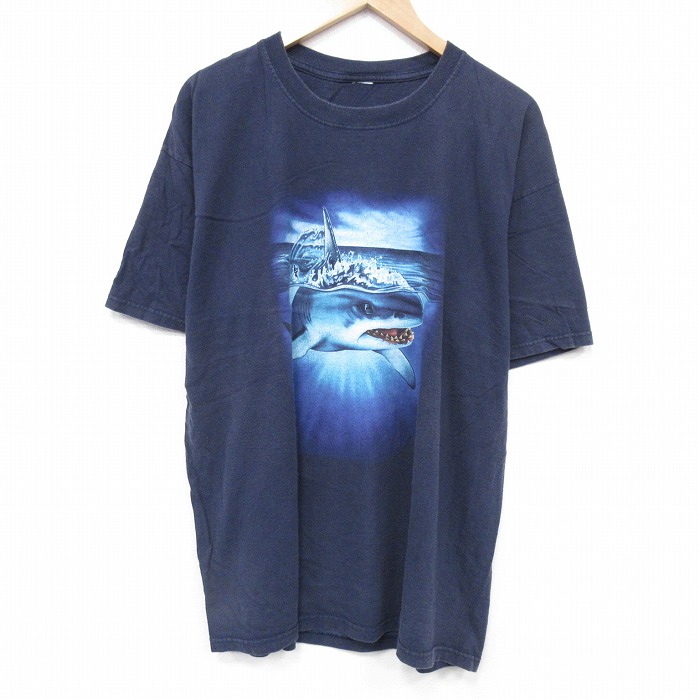 【20%OFF】XL★古着 半袖 ビンテージ Tシャツ メンズ 00年代 00s サメ 大きいサイズ クルーネック 紺 ネイビー 25aug19 中古