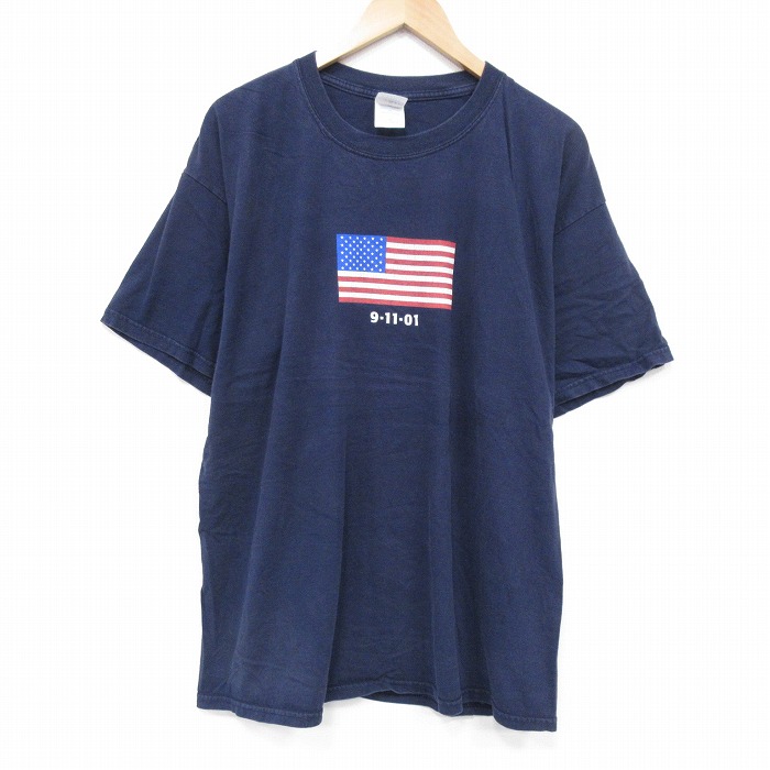XL★古着 半袖 ビンテージ Tシャツ メンズ 00年代 00s 星条旗 大きいサイズ コットン クルーネック 紺 ネイビー 25aug19 中古