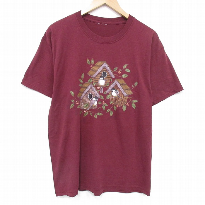 L★古着 半袖 ビンテージ Tシャツ メンズ 00年代 00s 鳥小屋 クルーネック エンジ 25aug19 中古