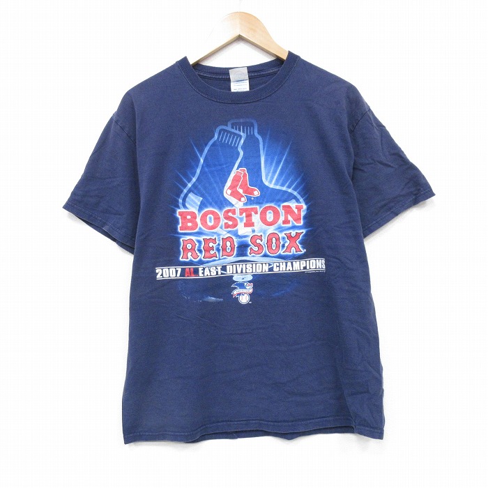 L★古着 半袖 ビンテージ Tシャツ メンズ 00年代 00s MLB ボストンレッドソックス コットン クルーネック 紺 ネイビー メジャーリーグ ベースボール 野球 25aug23 中古