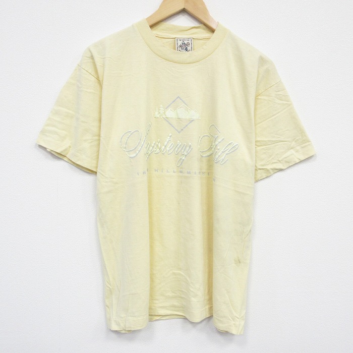 【50%OFF】L★古着 半袖 ビンテージ Tシャツ メンズ 90年代 90s ミシガン コットン クルーネック USA製 薄黄 イエロー 25aug28 中古