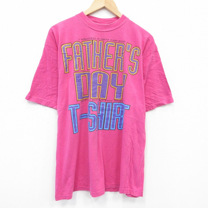 XL★古着 半袖 ビンテージ Tシャツ メンズ 90年代 90s ファーザーズデイ クルーネック 濃ピンク 【spe】 25aug28 中古