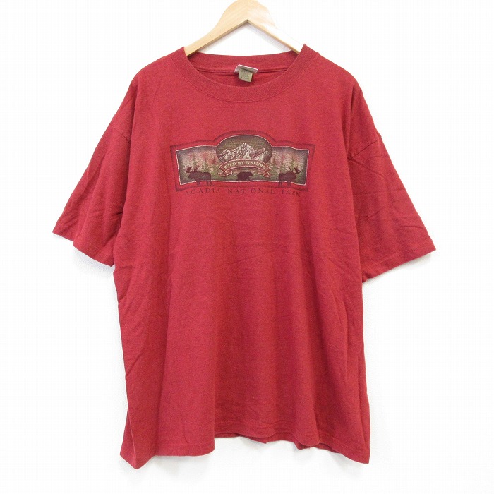 XL★古着 半袖 ビンテージ Tシャツ メンズ 00年代 00s マカディ国立公園 大きいサイズ クルーネック 赤 レッド 霜降り 25aug30 中古