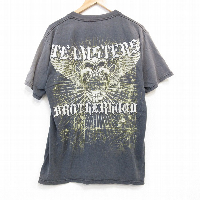 【20%OFF】XL★古着 半袖 Tシャツ メンズ スカルウィング 胸ポケット付き クルーネック 黒 ブラック 25aug30 中古