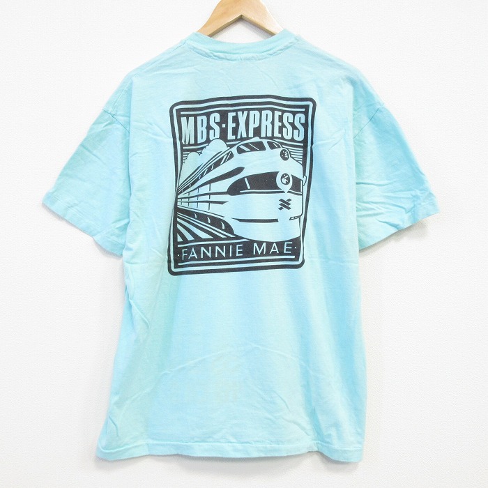 XL★古着 ヘインズ Hanes 半袖 ビンテージ Tシャツ メンズ 90年代 90s 電車 コットン クルーネック USA製 青緑 25aug30 中古