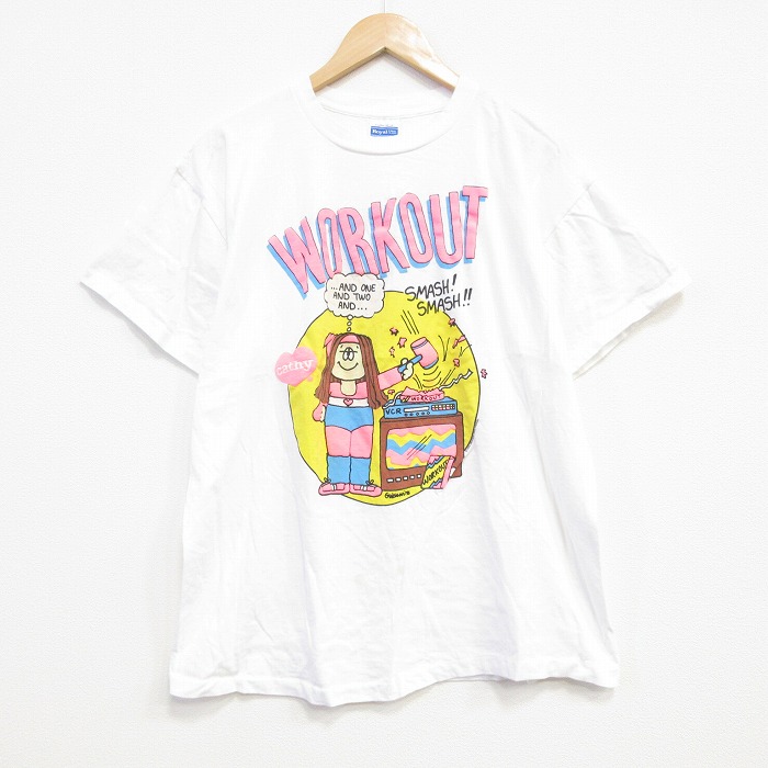 【50%OFF】XL★古着 半袖 ビンテージ Tシャツ メンズ 80年代 80s ワークアウト コットン クルーネック USA製 白 ホワイト 25aug30 中古