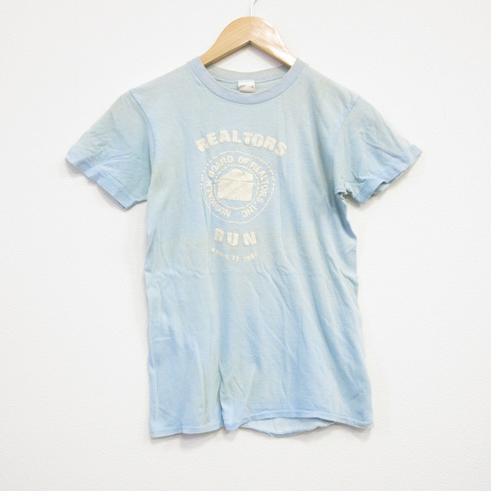 【50%OFF】S★古着 半袖 ビンテージ Tシャツ メンズ 80年代 80s RUN コットン クルーネック USA製 薄水色 25aug30 中古