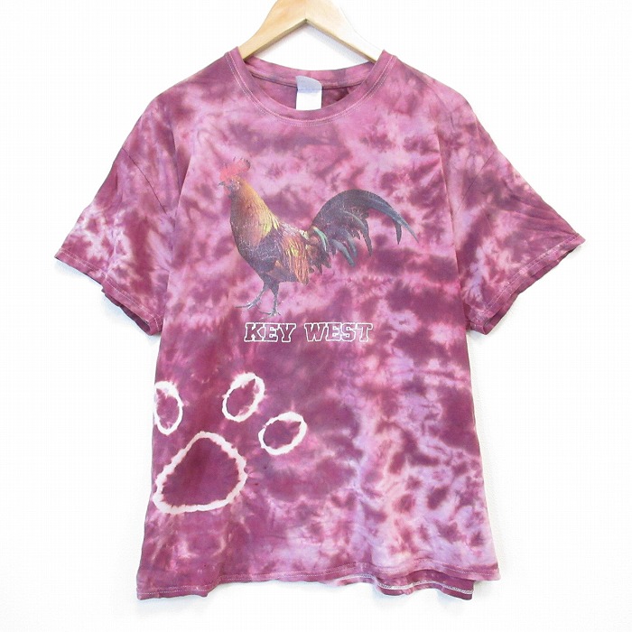 【50%OFF】XL★古着 半袖 ビンテージ Tシャツ メンズ 00年代 00s ニワトリ 大きいサイズ コットン クルーネック 薄エンジ タイダイ 25aug26 中古