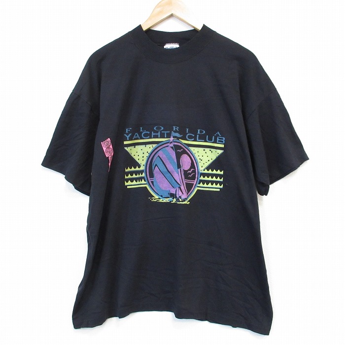 【50%OFF】XL★古着 半袖 ビンテージ Tシャツ メンズ 90年代 90s ヨットクラブ 大きいサイズ クルーネック USA製 黒 ブラック 25aug26 中古