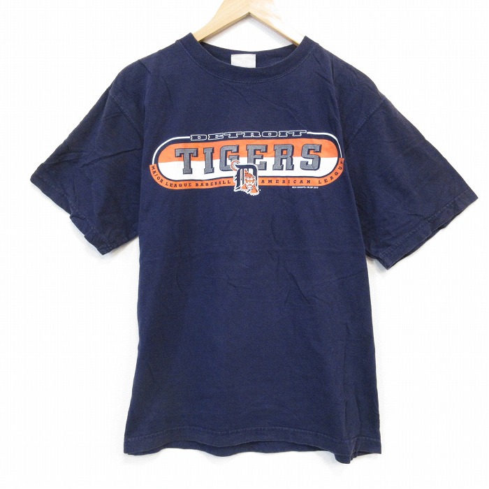 【20%OFF】L★古着 半袖 ビンテージ Tシャツ メンズ 00年代 00s MLB デトロイトタイガース コットン クルーネック 濃紺 ネイビー メジャーリーグ ベースボール 野球 25aug26 中古