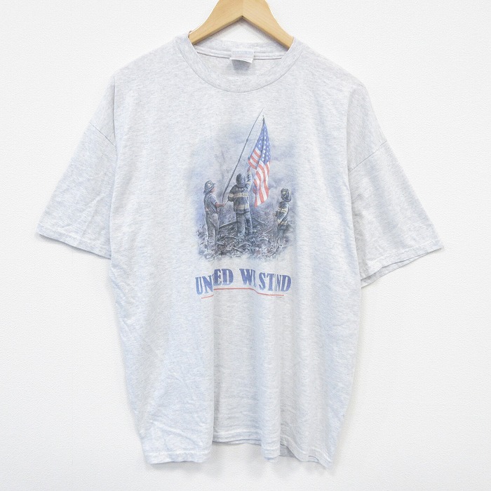 XL★古着 ヘインズ Hanes 半袖 ビンテージ Tシャツ メンズ 00年代 00s 星条旗 大きいサイズ クルーネック 薄グレー 霜降り 25sep01 中古