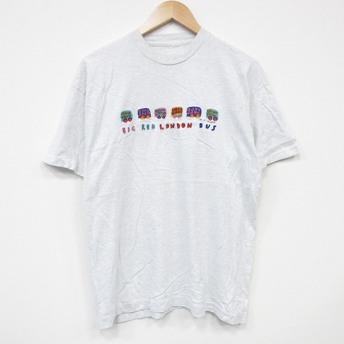 L★古着 半袖 ビンテージ Tシャツ メンズ 90年代 90s バス 刺繍 クルーネック 薄グレー 霜降り 25sep02 中古