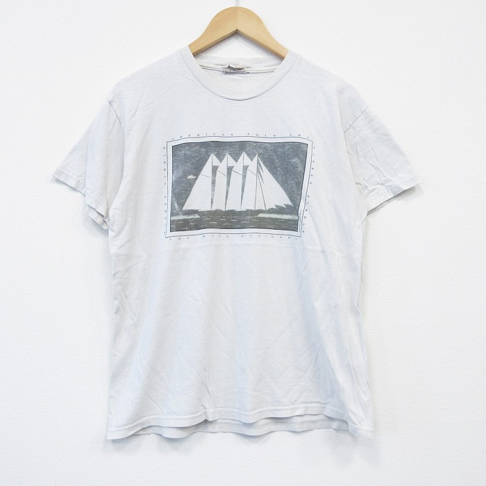 L★古着 半袖 ビンテージ Tシャツ メンズ 90年代 90s 船 コットン クルーネック USA製 薄ベージュ カーキ 25sep02 中古