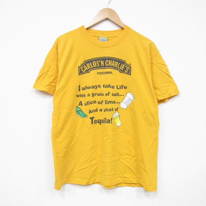 L★古着 半袖 ビンテージ Tシャツ メンズ 00年代 00s メッセージ コットン クルーネック 黄 イエロー 25sep05 中古