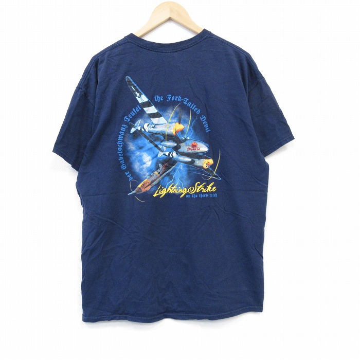 XL★古着 半袖 ビンテージ Tシャツ メンズ 00年代 00s 戦闘機 大きいサイズ コットン クルーネック 紺 ネイビー 25sep02 中古
